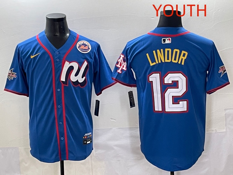 Youth 2025 New York Mets 12 Lindor Blue All star Nike MLB Jersey style 029